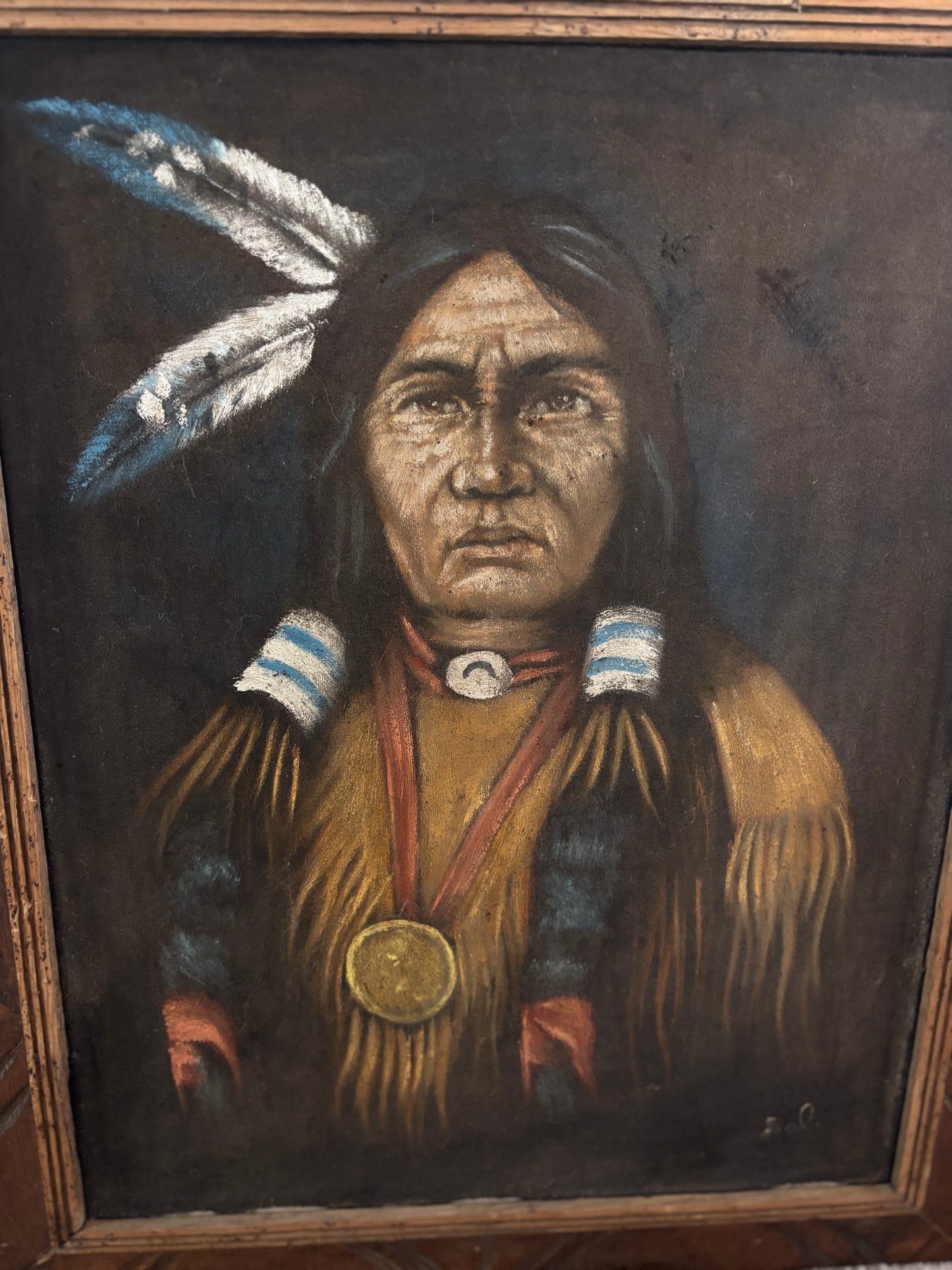 Vintage Black Velvet Native American Portrait Painting Carved Wood Frame Mexico