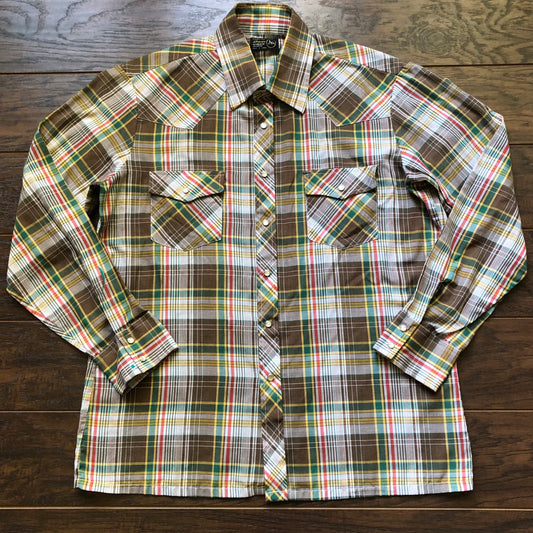 80’s Men’s Vintage Western Rockabilly Plaid Shirt with Snap Buttons | Made in Korea