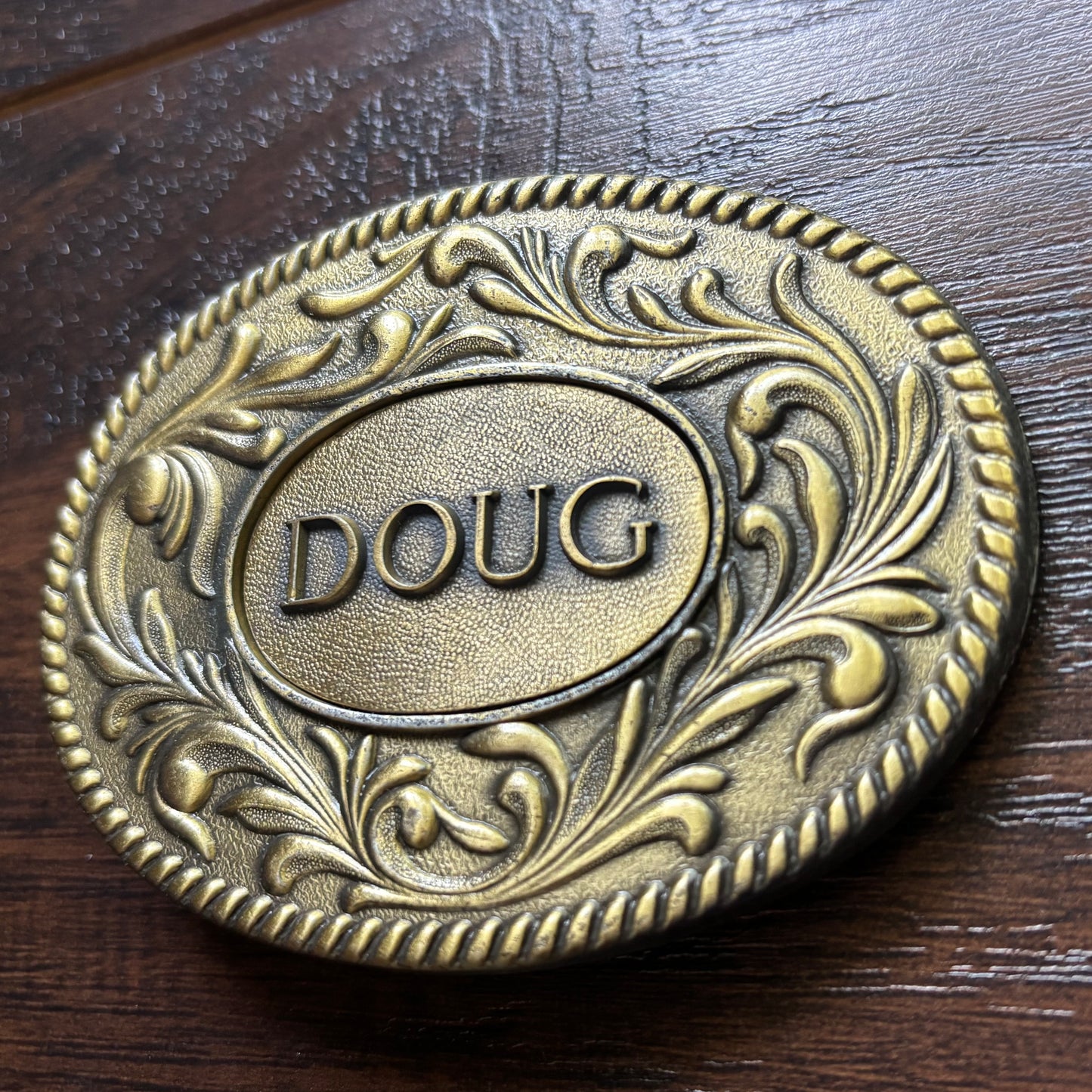 Vintage 1977 Personalized “DOUG” Western Belt Buckle | Ornate Floral | Brass Tone Kinney Co with Box