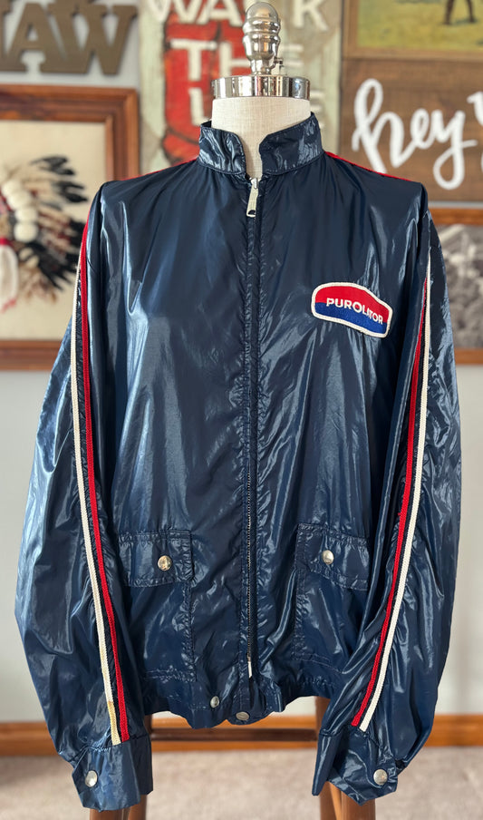 Vintage 70s Purolator Racing Jacket Navy Nylon Gas Oil Promo Talon Zip Striped Sleeve Service Station Coat Large Back Patch USA
