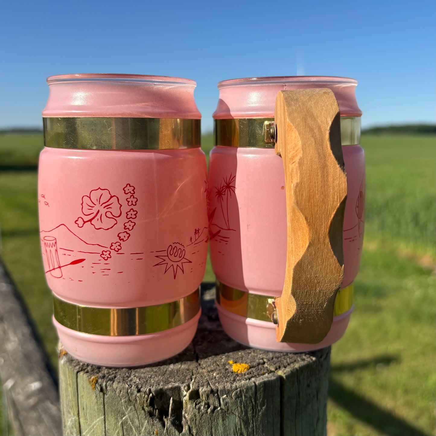 Vintage Siesta Ware Tiki Mug Set w/ Outrigger Caddy | Pastel Hawaiian Barware | MCM Set of 6