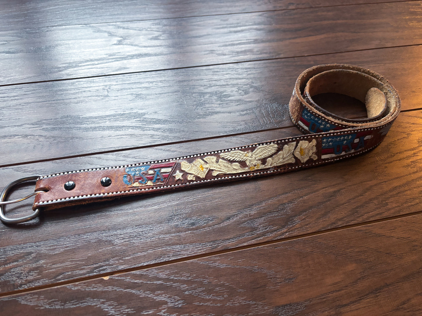 Vintage Hand-Tooled Leather Belt Featuring An American Eagle