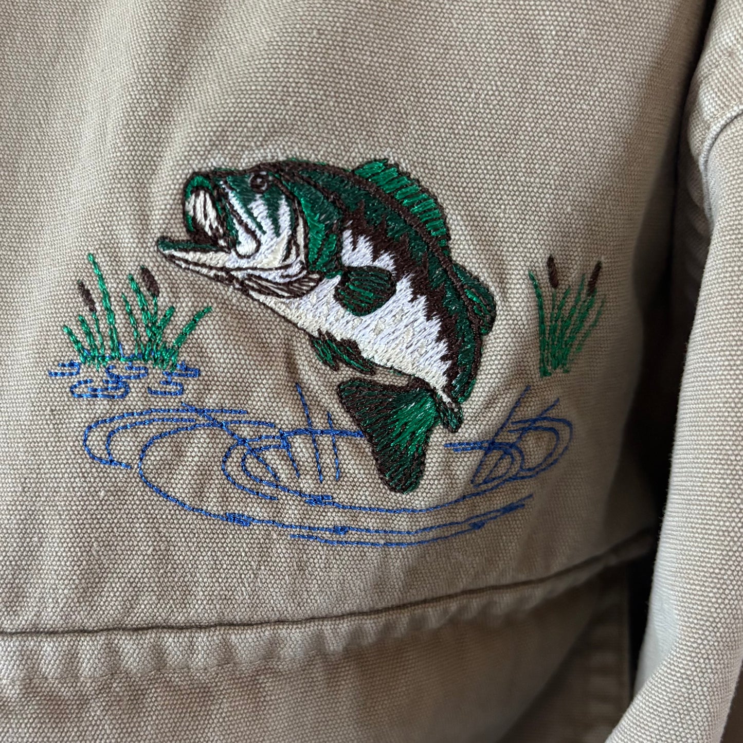 Vintage 90s Cabela’s Bass Fishing Shirt Large Embroidered Largemouth Fish Khaki Cotton Button Up Made in Macau