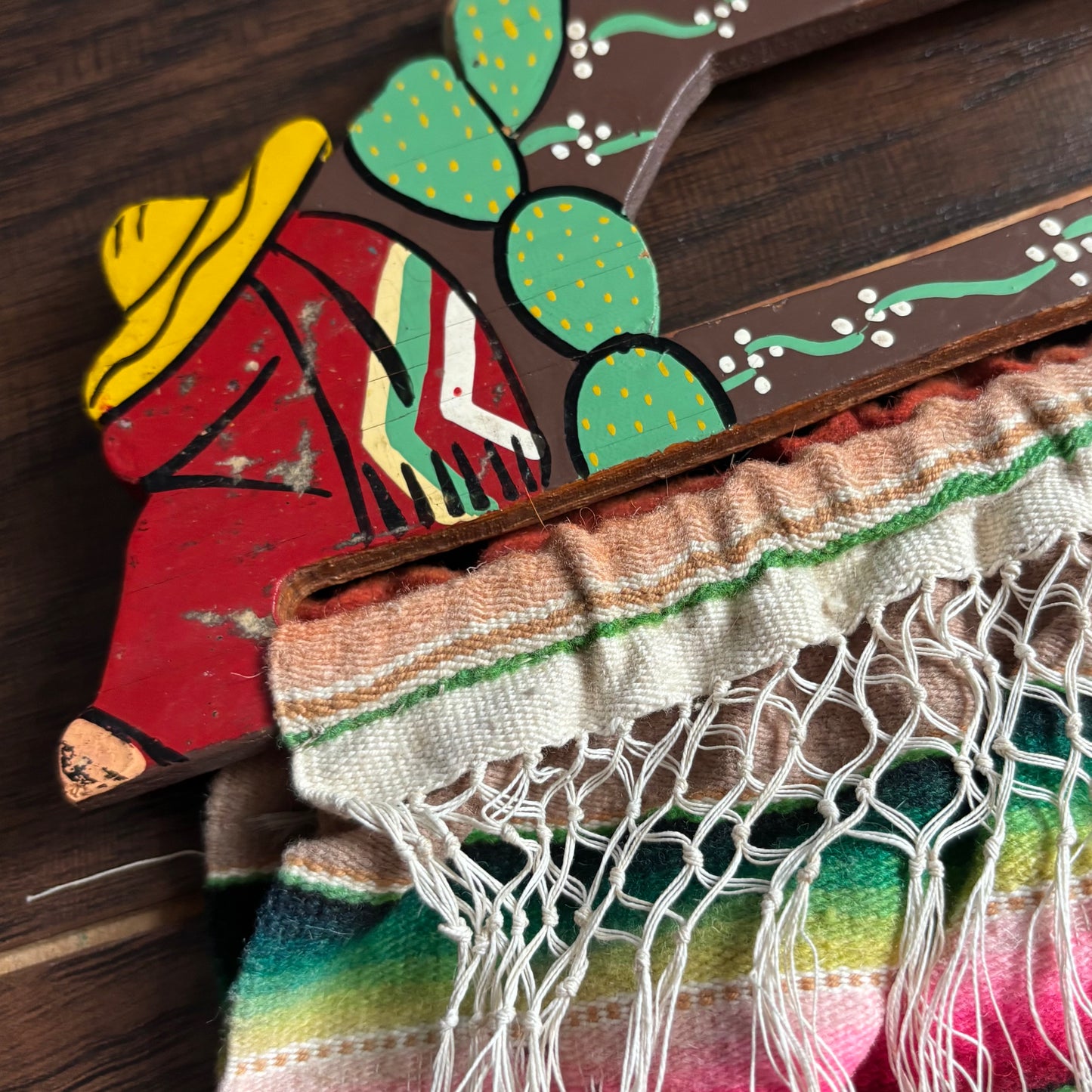 Vintage Mexican Serape Blanket Purse | Hand Painted Wood Handle Bag | 1970s Southwestern Folk Art Boho | Handmade Mexico