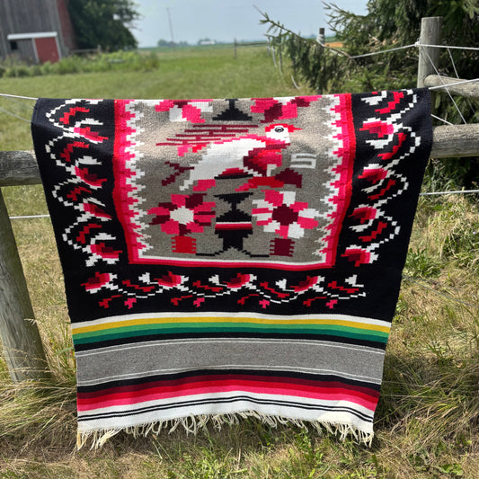 Vintage Mexican Serape Blanket with Bird Motif | Woven Southwestern Throw | Boho Ranch Cabin Decor | Fringed Textile
