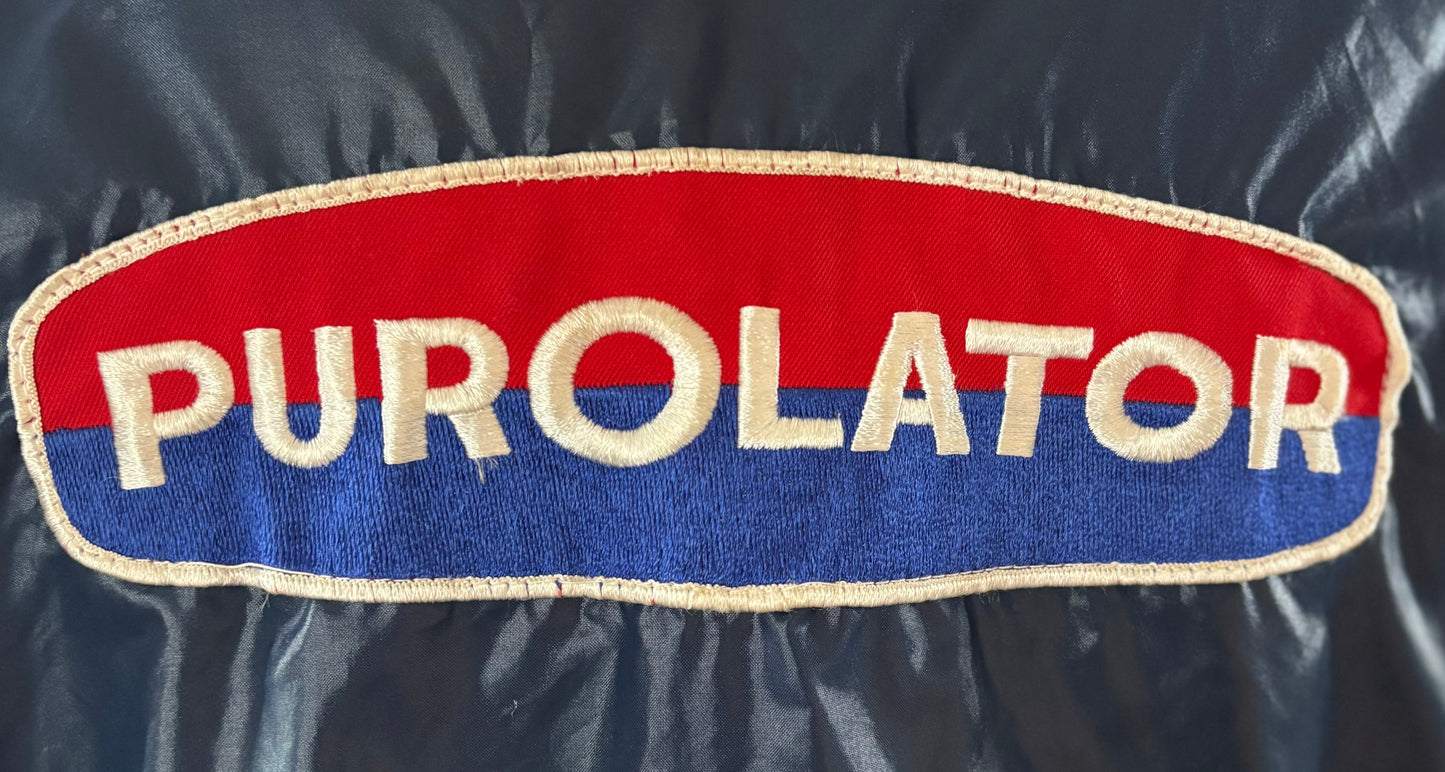 Vintage 70s Purolator Racing Jacket Navy Nylon Gas Oil Promo Talon Zip Striped Sleeve Service Station Coat Large Back Patch USA