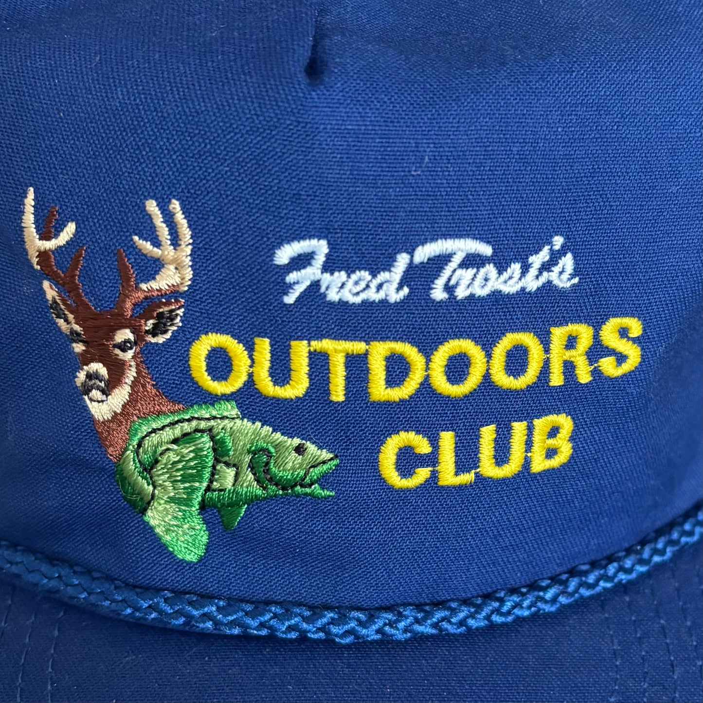 Vintage 1980s Fred Trost Outdoors Club Rope Brim Hat – Made in USA Embroidered Deer & Fish Cap