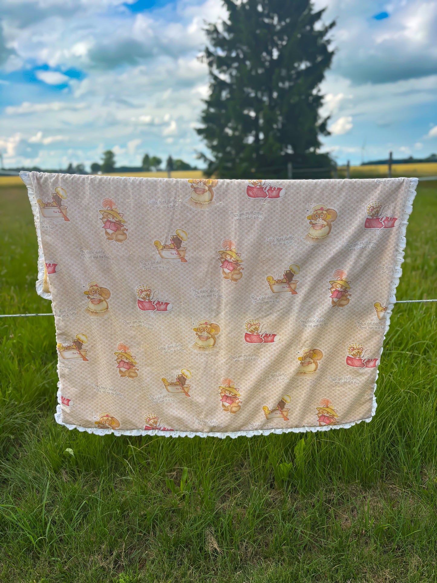Vintage Handmade Nursery Rhyme Baby Quilt Blanket Mother Goose Yellow Gingham