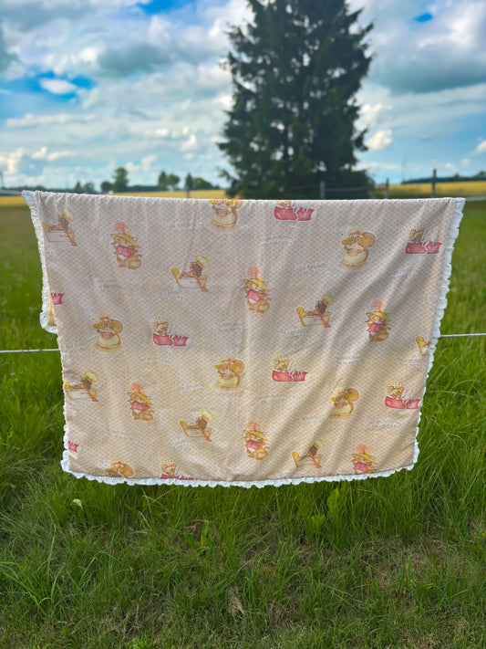 Vintage Handmade Nursery Rhyme Baby Quilt Blanket Mother Goose Yellow Gingham