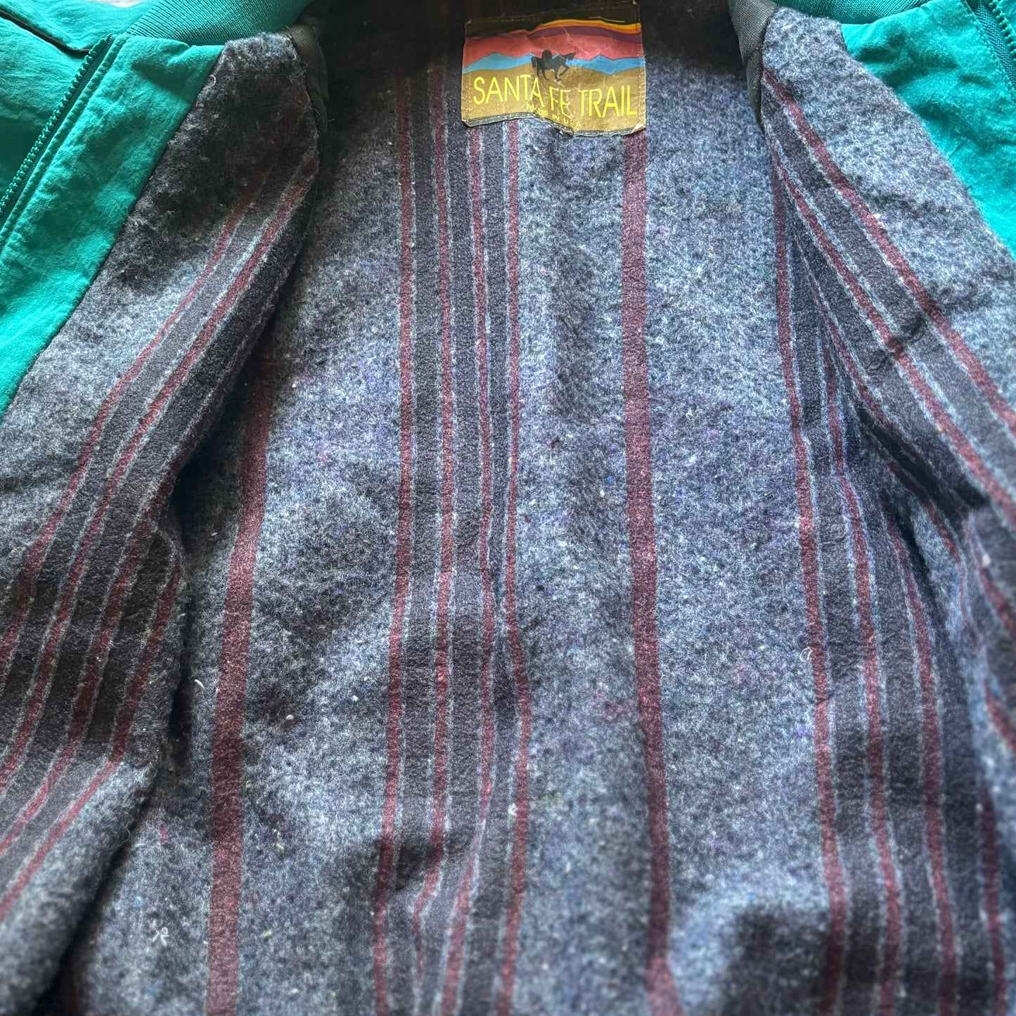 Vintage 90s Santa Fe Trail Southwestern Bomber Jacket XL Made USA Aztec Blanket Lined Teal Western Ranch Coat