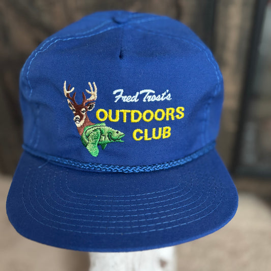 Vintage 1980s Fred Trost Outdoors Club Rope Brim Hat – Made in USA Embroidered Deer & Fish Cap