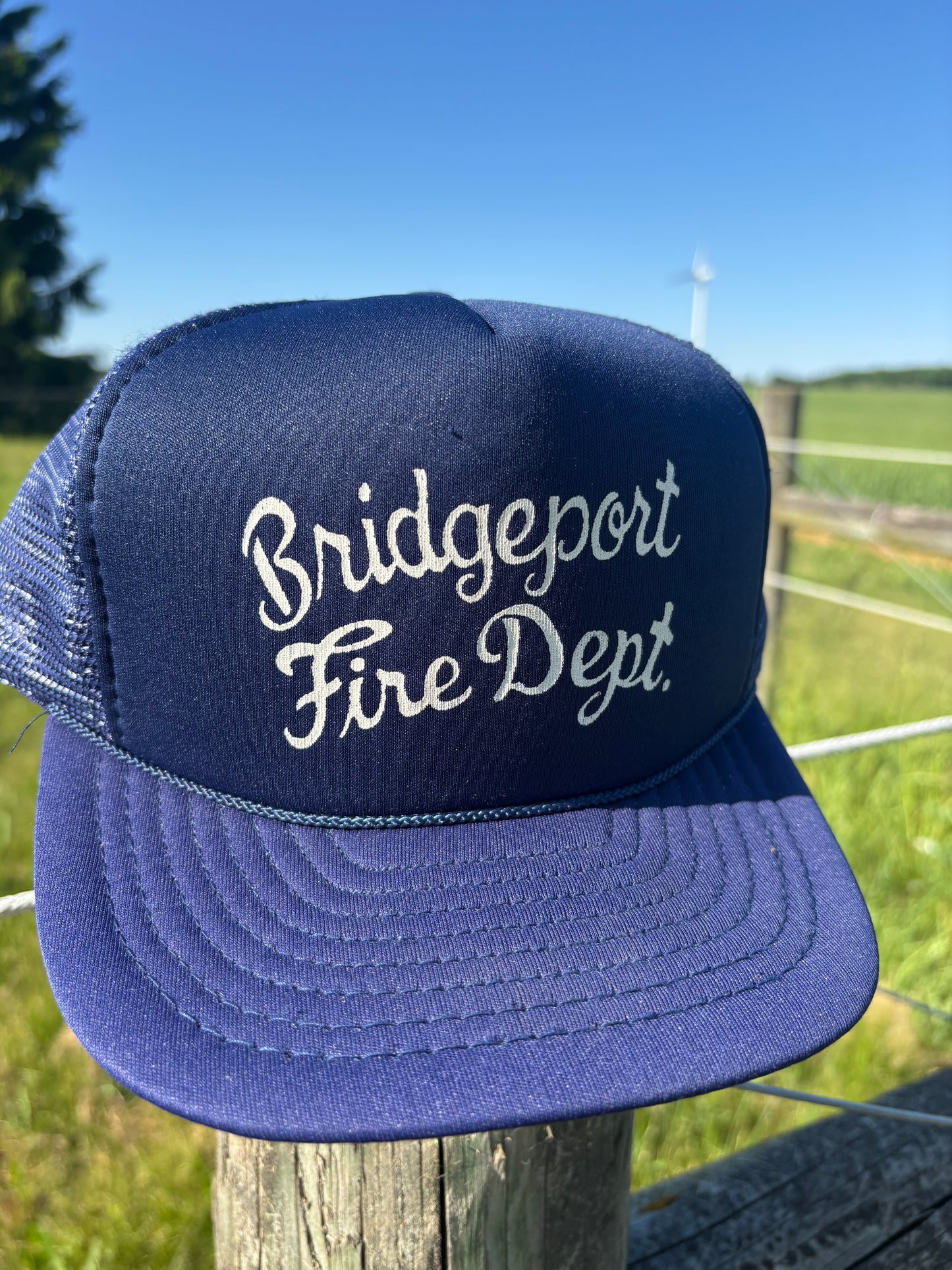 Vintage Bridgeport Fire Department Trucker Hat 1980s Mesh Snapback Made in Taiwan Blue Foam Front Firefighter