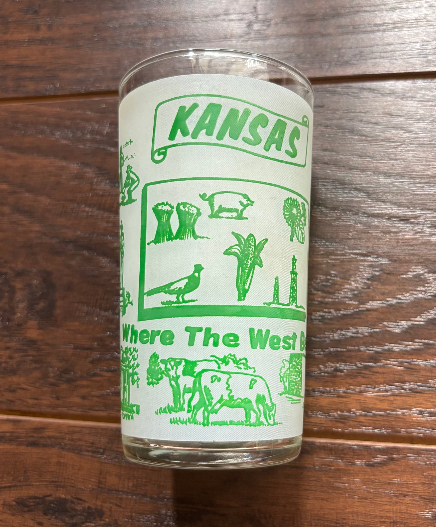 Vintage Kansas Souvenir Glass Tumbler | Federal Glass Frosted Green Drinking Glass | Mid Century Kansas Barware | Retro Travel Memorabilia
