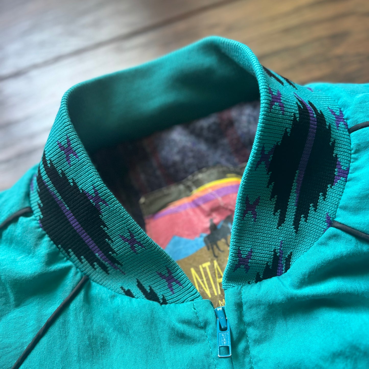 Vintage 90s Santa Fe Trail Southwestern Bomber Jacket XL Made USA Aztec Blanket Lined Teal Western Ranch Coat