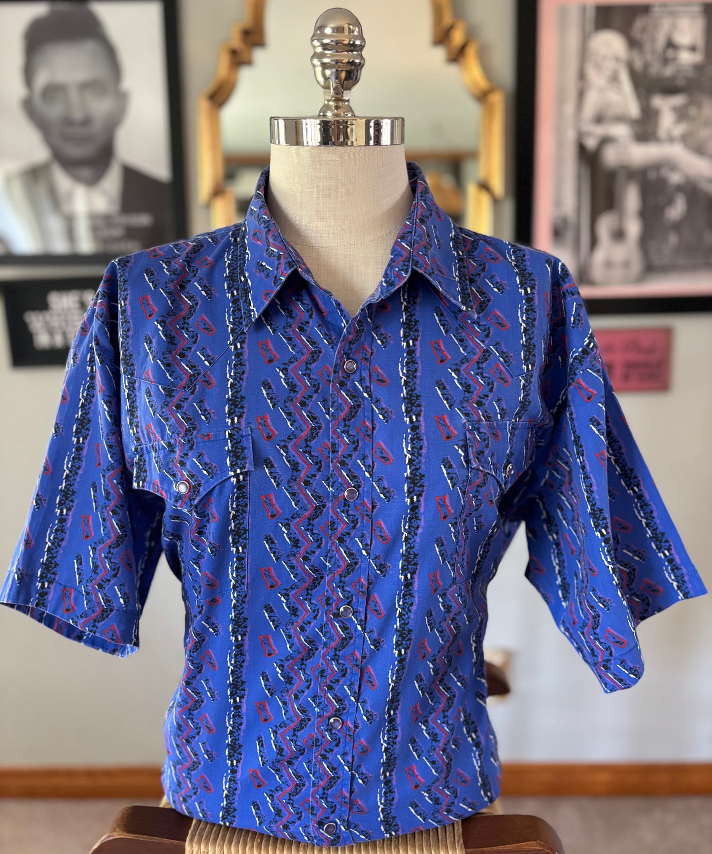 Vintage Ely Cattleman Western Pearl Snap Shirt 17.5 x 35 | 90s Southwestern Geometric Print | Blue Short Sleeve Cowboy Rodeo