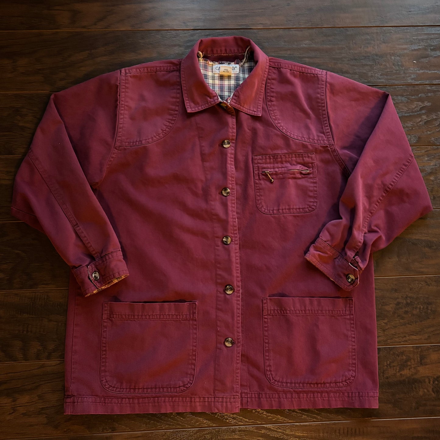Vintage Cabin Creek Burgundy Chore Barn  Jacket | Plaid Trim Lined | Large