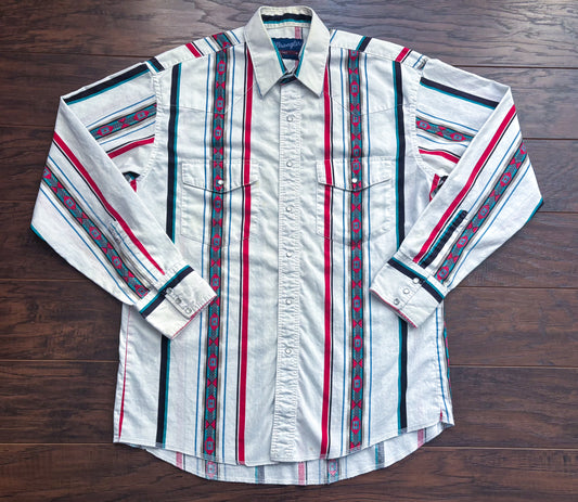Vintage Wrangler Southwestern Stripe Pearl Snap Shirt | 80s 90s Western Aztec Print Long Tail | Large Tall