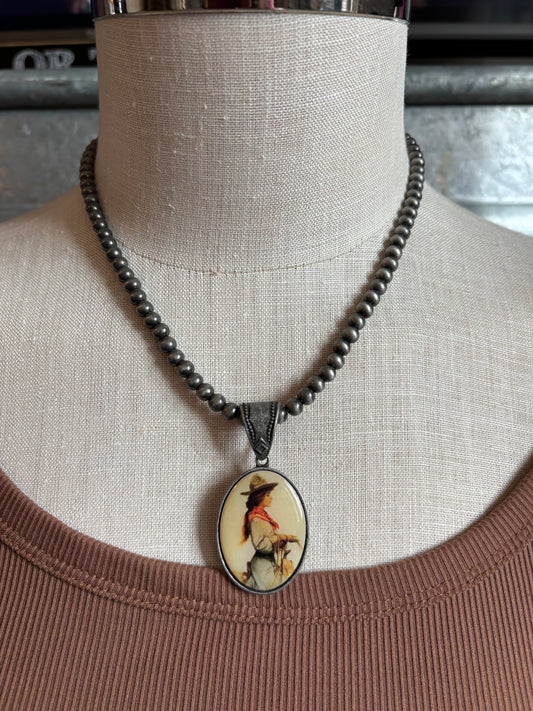 Navajo Pearl Beads with Oval Cowgirl Pendant Necklace