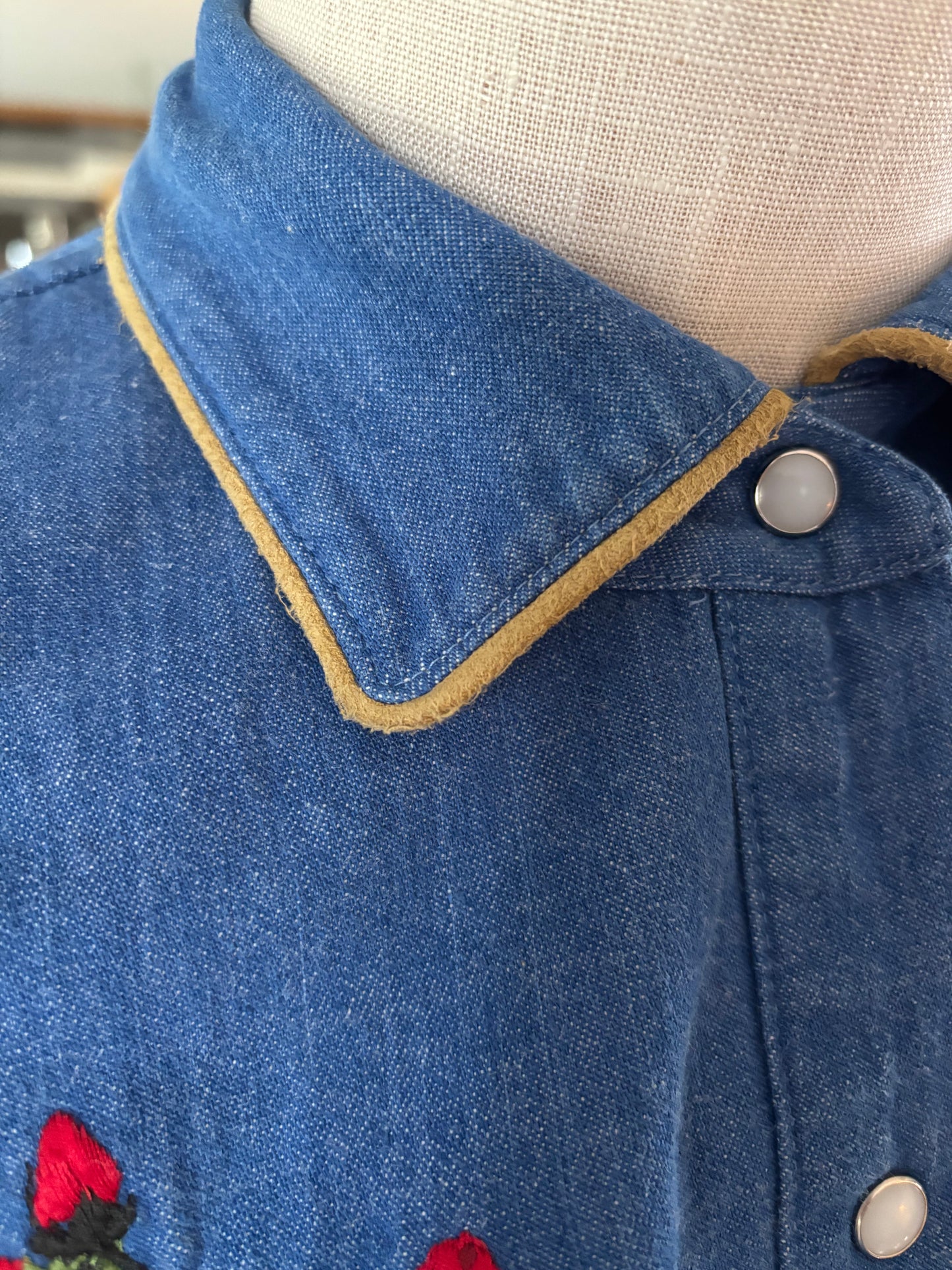 Vintage MGM Embroidered Roses Denim Western Pearl Snap Shirt | Faux Arrow Pockets