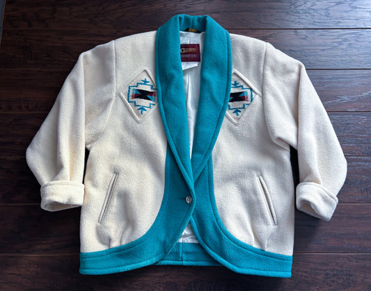 Vintage 90s Southwestern Women’s Wool Jacket | Turquoise Trim Chimayo Style | Woven Panels | Made in USA | Women’s Size 12