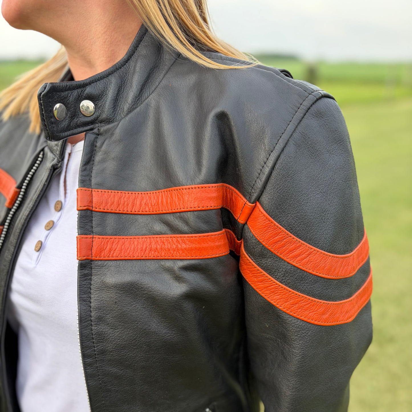 Vintage Women’s Y2K Hot Leathers Black Leather Moto Jacket Orange Racing Stripes