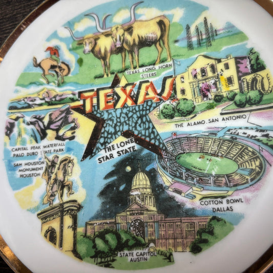 Vintage Texas Souvenir Plate Thrifco Made in Japan Lone Star State Gold Trim