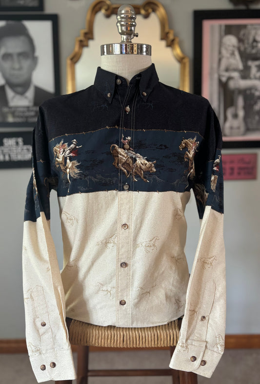 Vintage Bit & Bridle Rodeo Western Shirt Large | Bull Riding Cowboy Print Button Down | Made in Korea