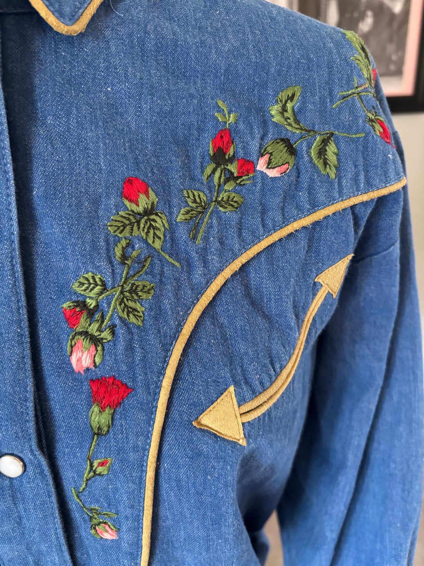Vintage MGM Embroidered Roses Denim Western Pearl Snap Shirt | Faux Arrow Pockets