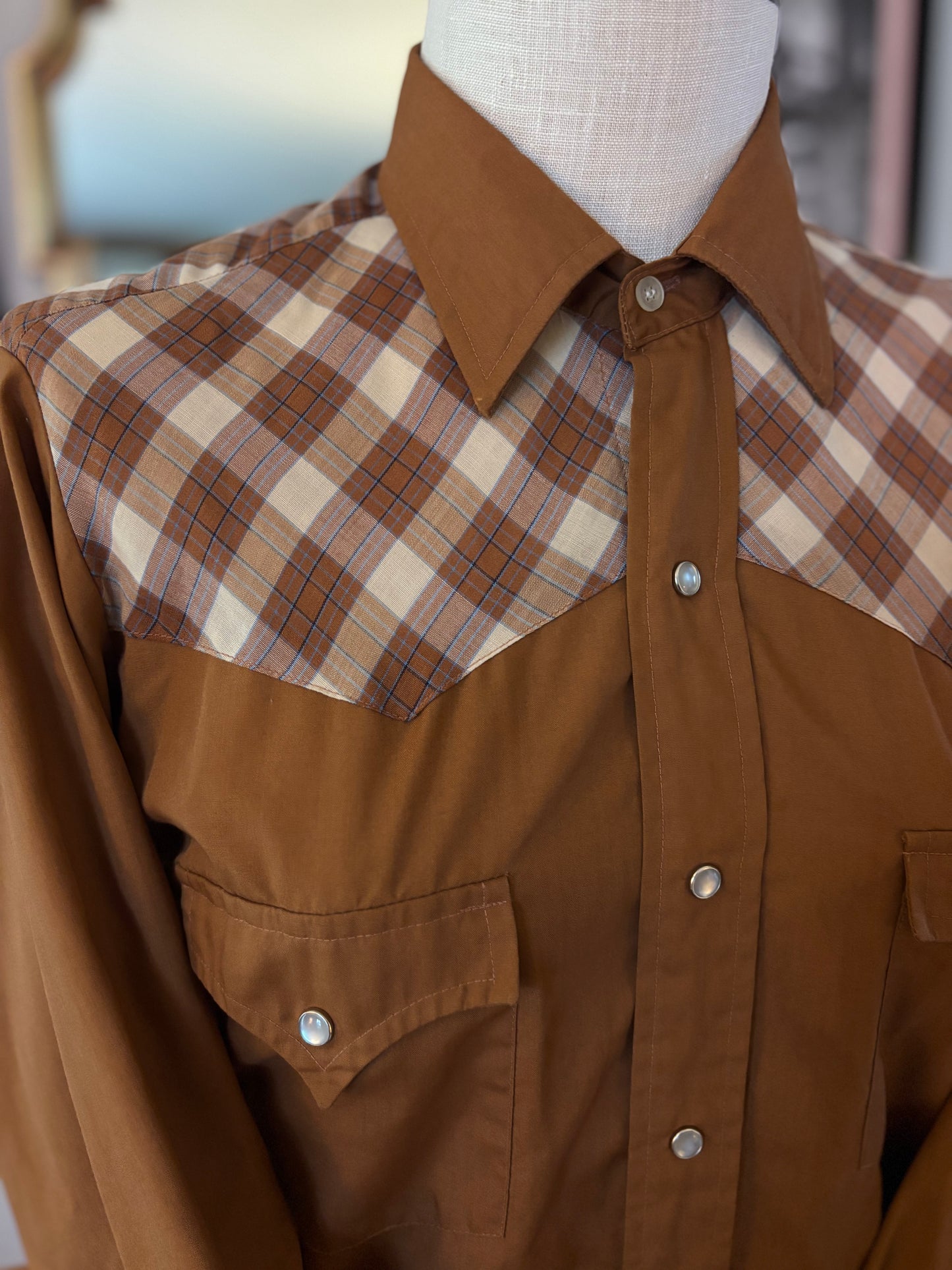 Vintage 1970s Western Pearl Snap Shirt Brown Plaid Yoke Made in Korea Medium Retro Ranchwear