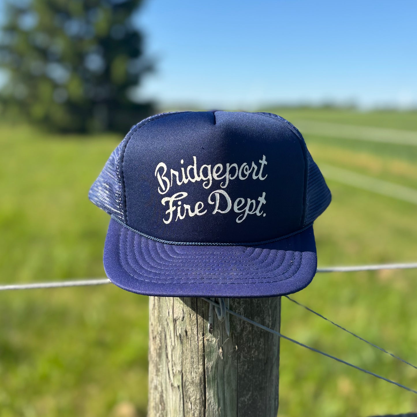 Vintage Bridgeport Fire Department Trucker Hat 1980s Mesh Snapback Made in Taiwan Blue Foam Front Firefighter