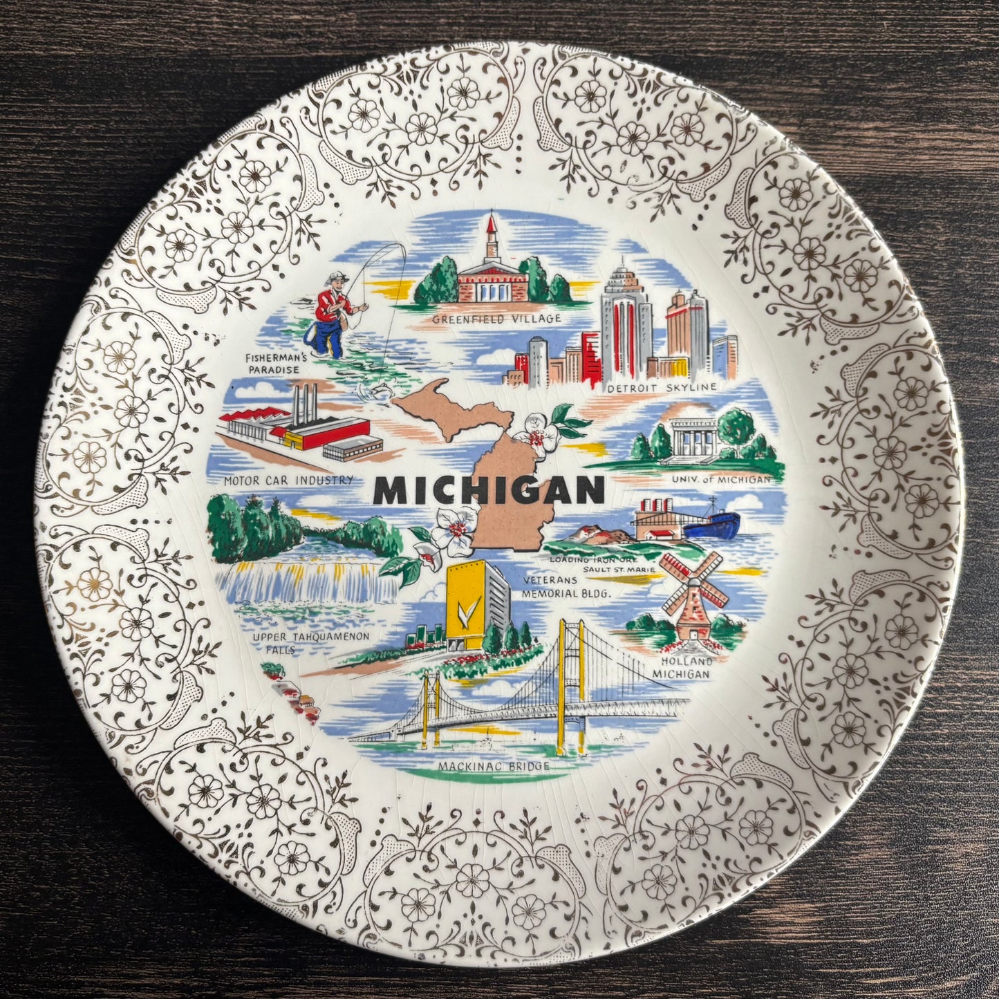 Vintage Michigan Souvenir Plate | Sebring Pottery 22K Gold Trim | Mackinac Bridge Detroit Skyline Greenfield Village | Mid Century