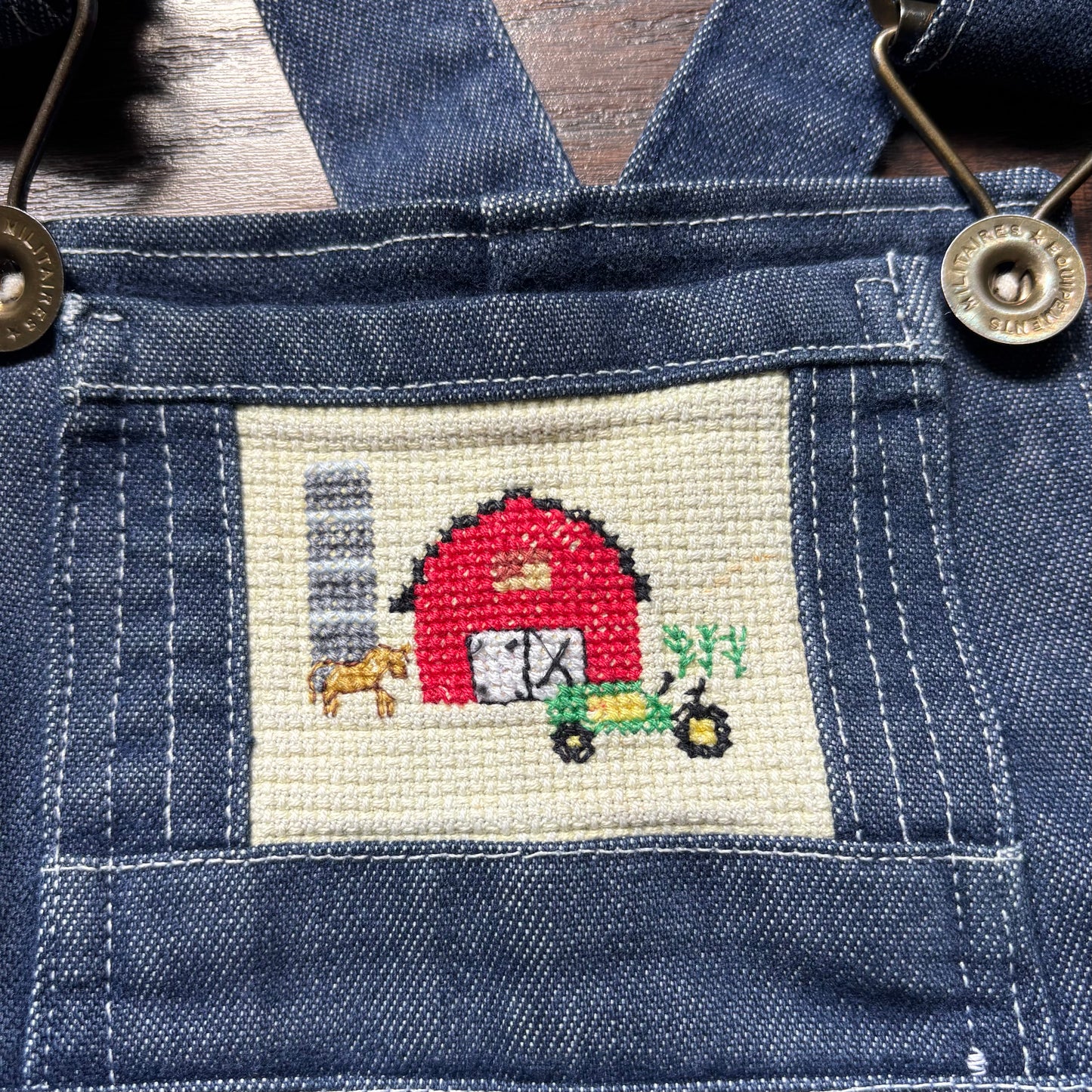 Vintage Handmade Kids Denim Overalls Cross Stitch Farm Barn Tractor Country Bib Overalls