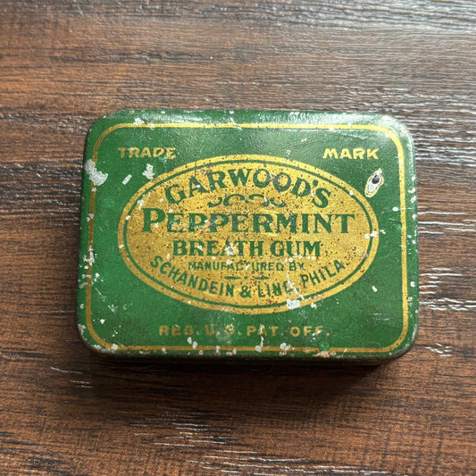 Antique Garwood’s Peppermint Breath Gum Tin c1910s Green Advertising Pocket Tin Schandein & Lind Philadelphia Vintage Metal Candy Tin