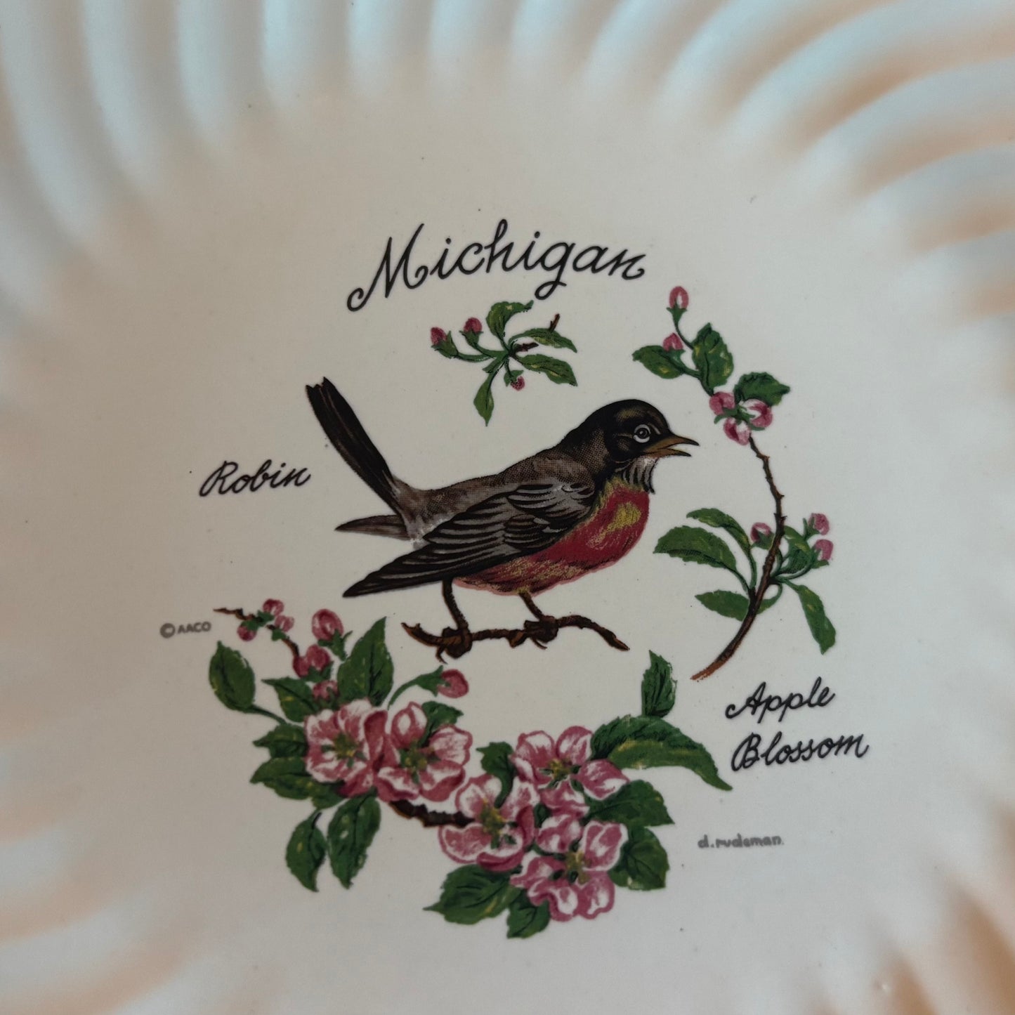Vintage Michigan Robin and Apple Blossom Souvenir Plate | Mid Century State Bird/Flower | Collectible Wall Display