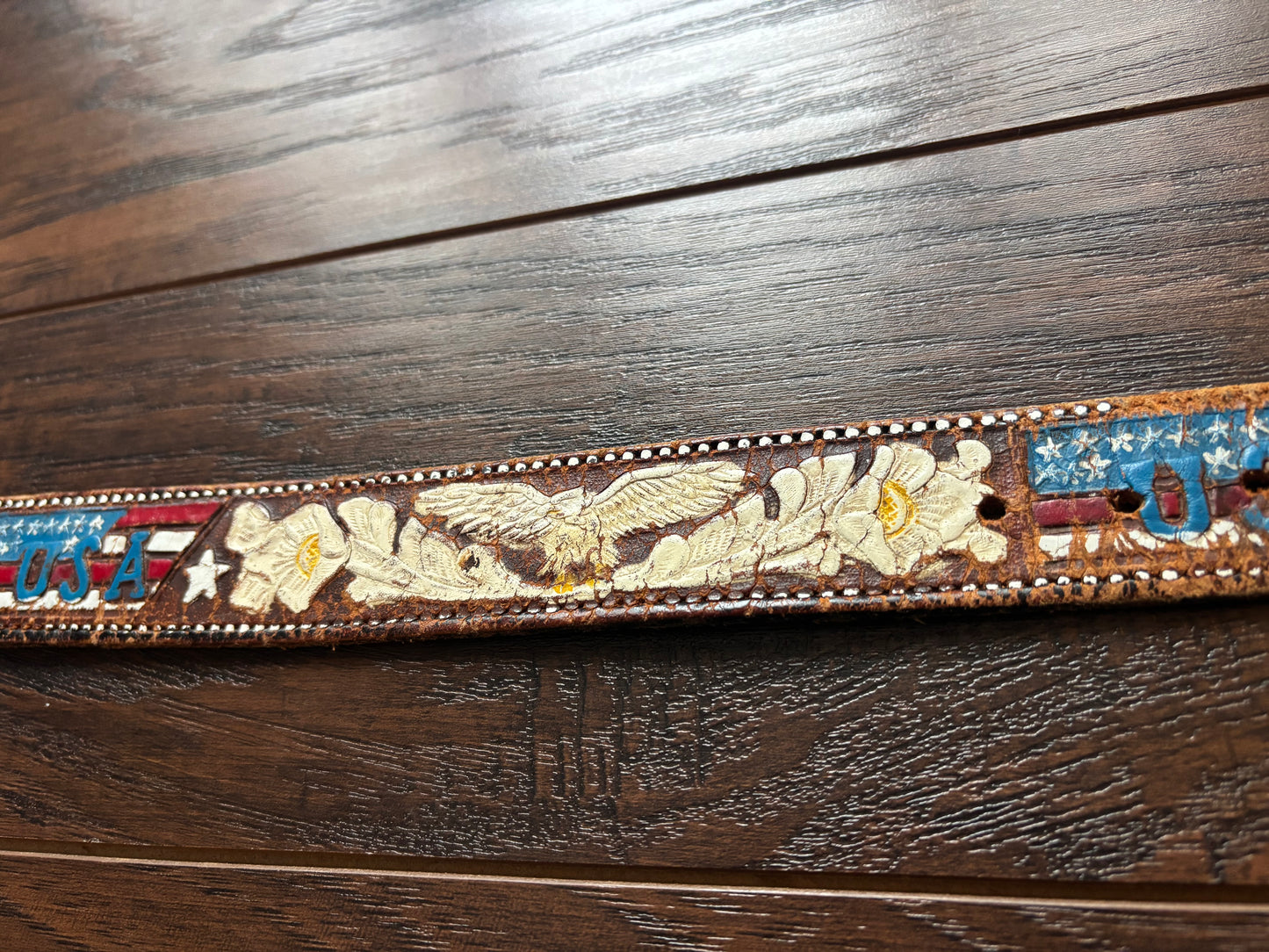 Vintage Hand-Tooled Leather Belt Featuring An American Eagle