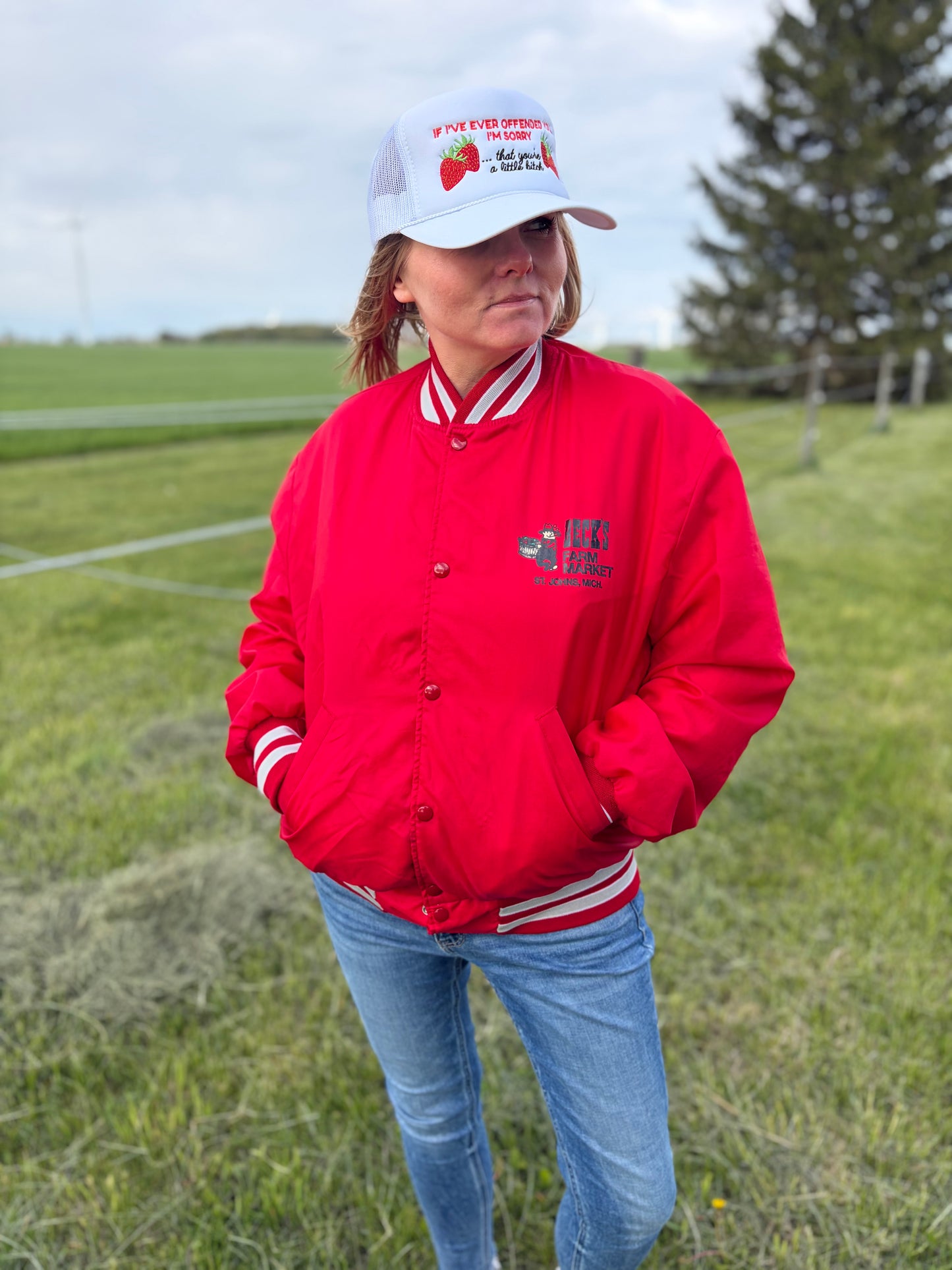 Vintage 80s Beck’s Farm Market Satin Jacket Red Holloway St Johns Michigan Americana Farm Country Snap Front