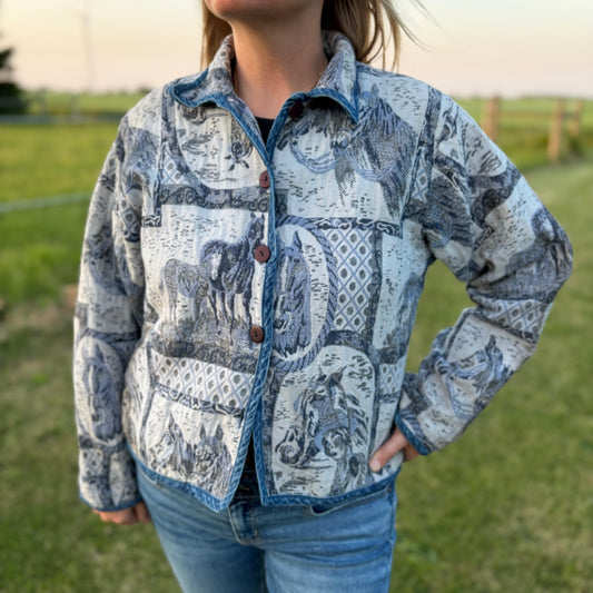 Vintage Horse Tapestry Jacket Womens Western Equestrian Cotton Woven Denim Trim Horse Lover Ranch Style