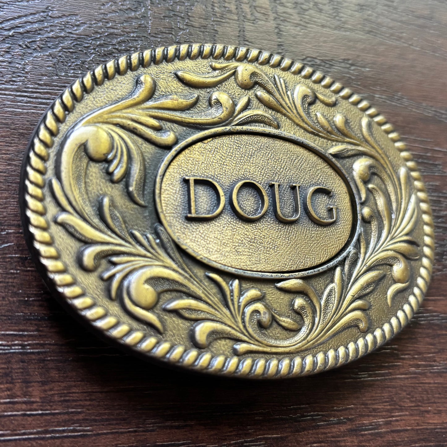 Vintage 1977 Personalized “DOUG” Western Belt Buckle | Ornate Floral | Brass Tone Kinney Co with Box