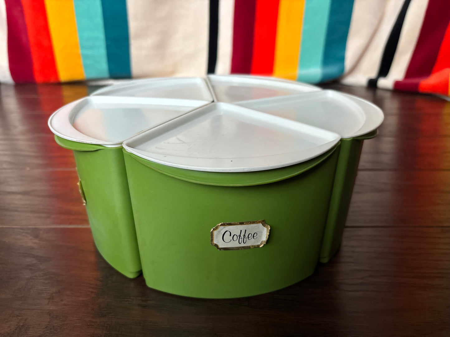 Vintage 1970s Rubbermaid Avocado Green Lazy Susan Canister Set | 5 Piece Revolving Kitchen Organizer | Retro MCM Storage Carousel