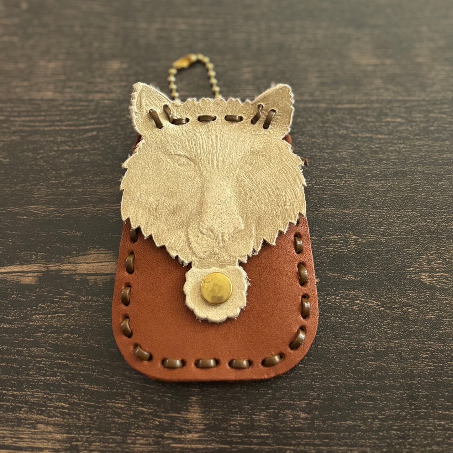 Vintage Handmade Leather Wolf Coin Pouch Keychain | 1970s 1980s Leathercraft Change Purse | Rustic Woodland Wolf Collectible