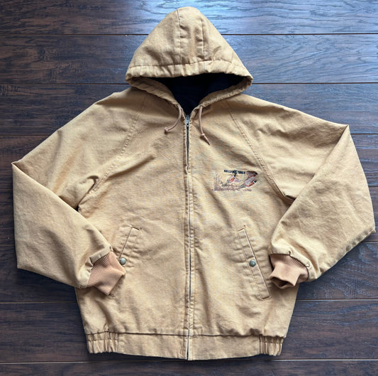 Vintage 90s K-Products Duck Canvas Work Jacket Made in USA Pheasant Hunting Embroidered Hooded Chore Coat Medium
