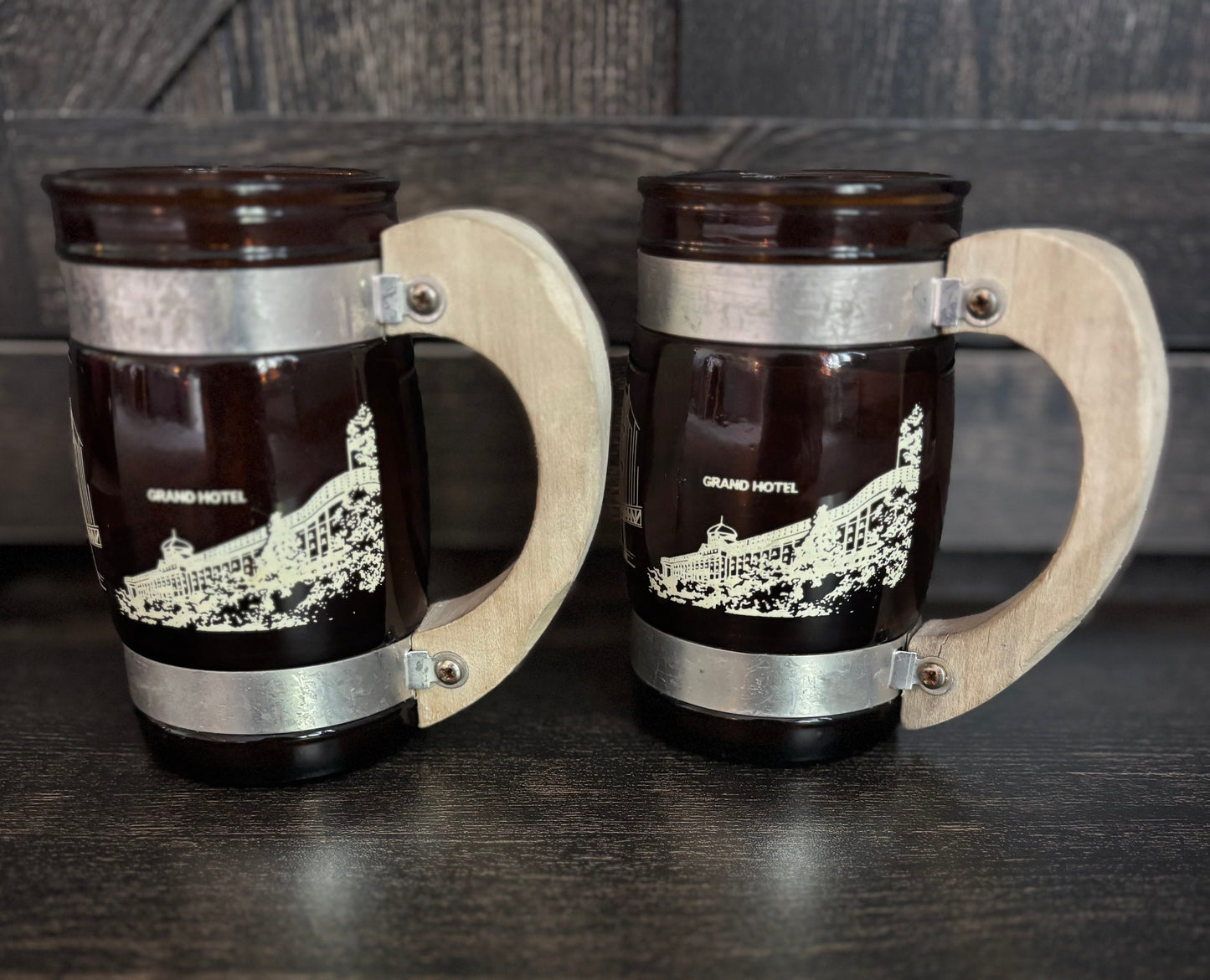 Vintage Mackinac Island Michigan Barrel Mug Set Smoked Glass Grand Hotel Mackinac Bridge Retro Tourist Souvenir Cups