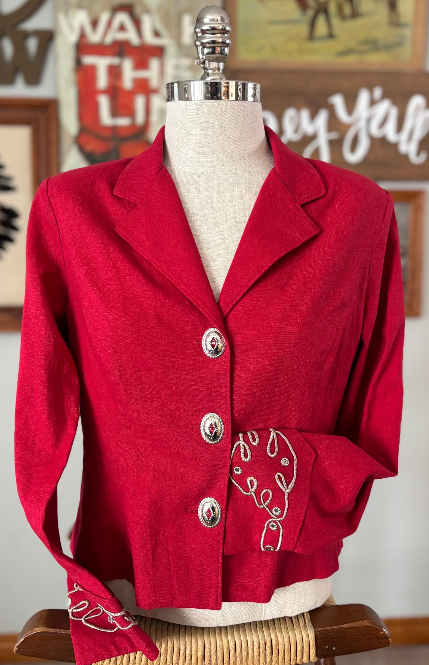 Vintage Western Women’s Red Cropped Blazer Jacket | Concho Buttons Rope Embroidered | Medium