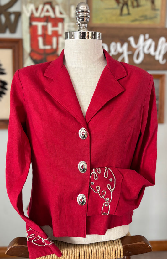 Vintage Western Women’s Red Cropped Blazer Jacket | Concho Buttons Rope Embroidered | Medium