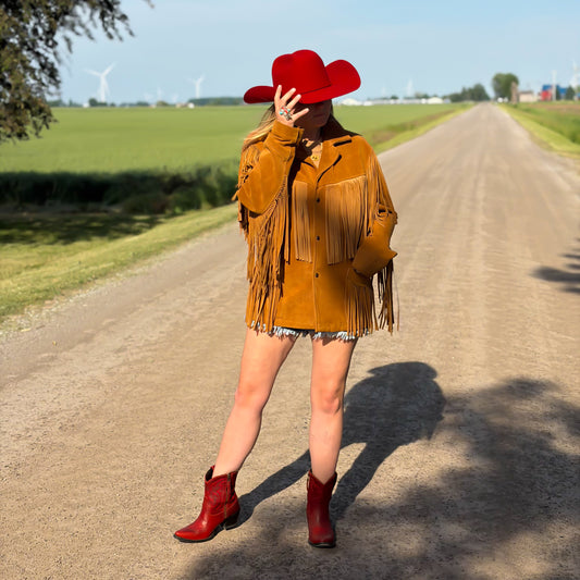 Vintage Schott NYC Western Fringe Suede Jacket USA Made Tobacco Brown Leather Coat Size 42 Cowboy Rodeo Boho Statement Piece