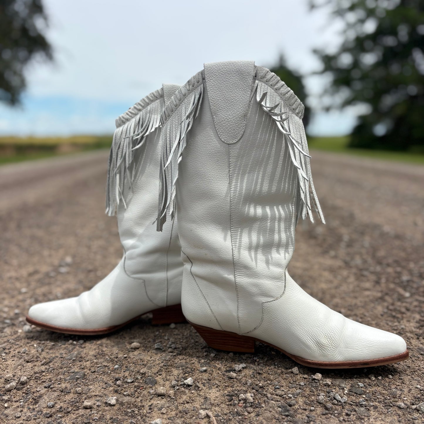 Vintage Tonka by Circle S White Fringe Western Boots | Women’s Leather | Boho Festival Western Bridal Boots