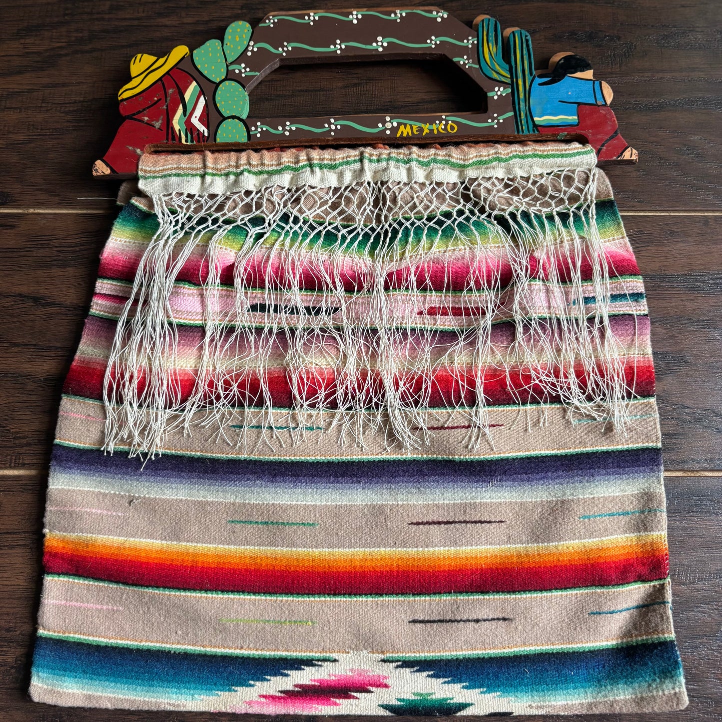 Vintage Mexican Serape Blanket Purse | Hand Painted Wood Handle Bag | 1970s Southwestern Folk Art Boho | Handmade Mexico