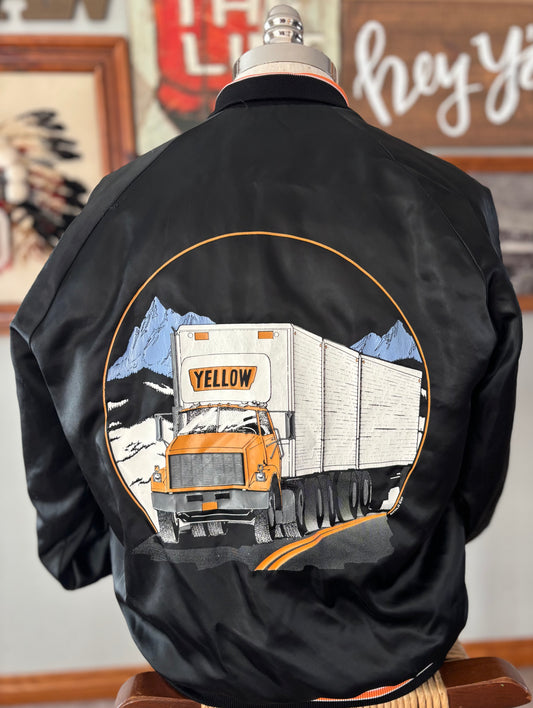 Vintage 80s Yellow Freight Satin Jacket Made in USA Legend Sportswear Black Orange Trucker Coat Small