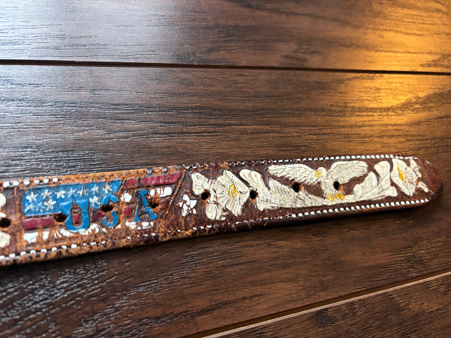 Vintage Hand-Tooled Leather Belt Featuring An American Eagle
