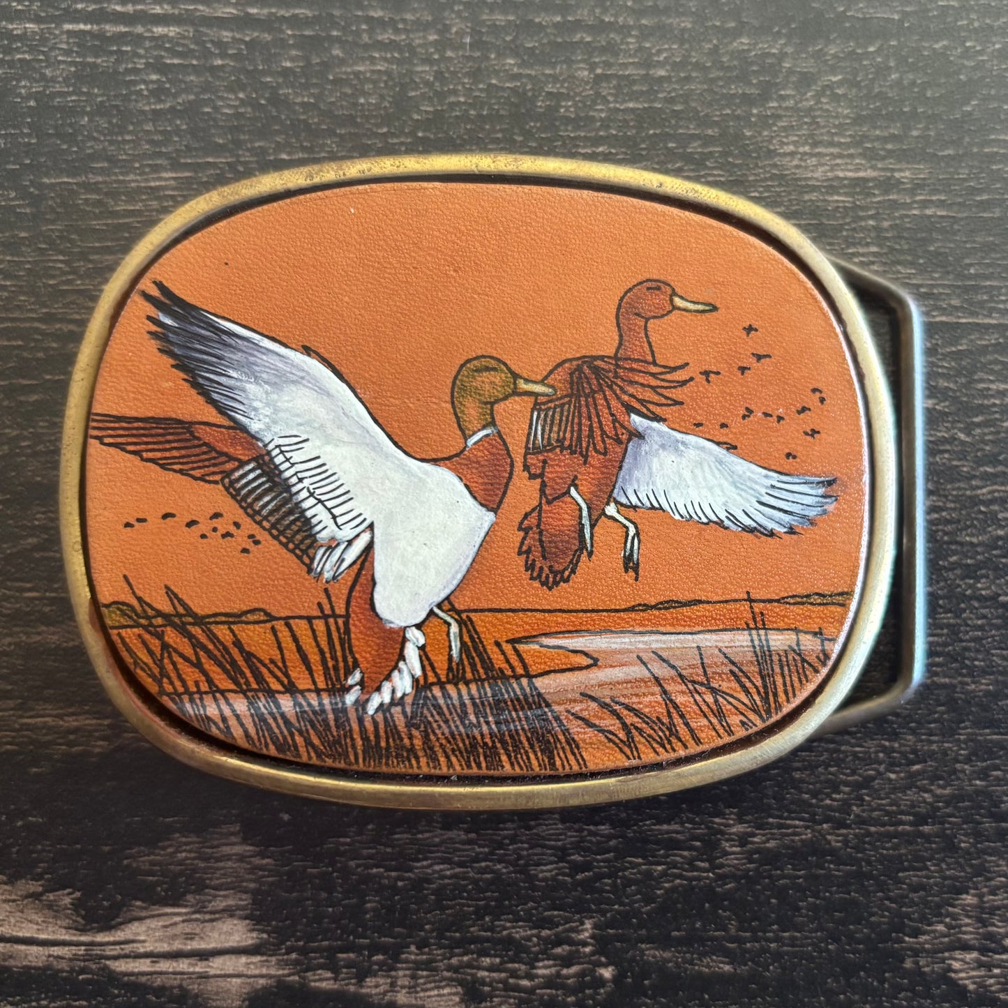 Vintage Bergamot Brass Works Duck Hunting Belt Buckle | Solid Brass Waterfowl | 1970s Outdoorsman Western Hunting